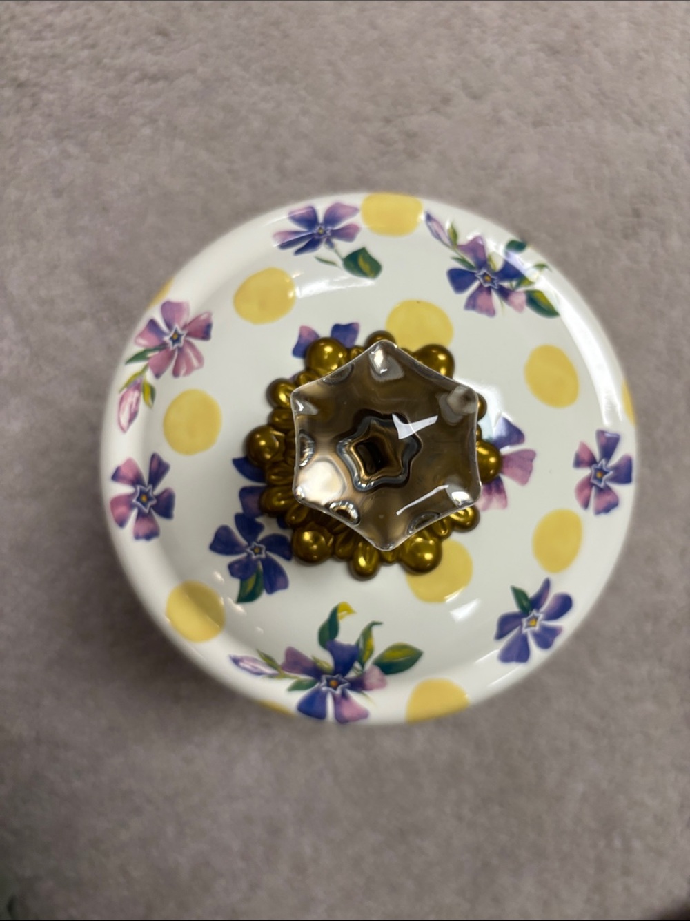 MacKenzie-Childs Yellow Polka Dot & Blue Floral Canister with Gold Label - Picture 2 of 11